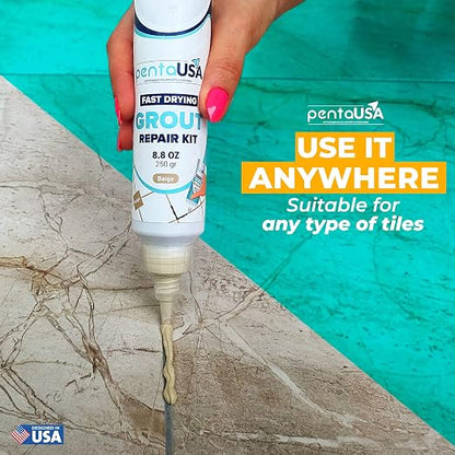 PentaUSA Premixed Tile Grout Repair - Warm Beige (8.8oz/250g) | 5 beige shades with RAL codes, premixed acrylic sanded, bathroom shower kitchen tile, water-resistant, 24-hour cure, 29 sq ft