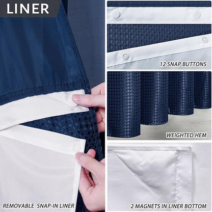 Furlinic Waffle Weave No Hook Shower Curtain with Snap in Fabric Liner Set,Heavy Duty Textured Bathroom Curtain with See Through Window,Waterproof & Machine Washable,Navy Blue,71x72 Inch