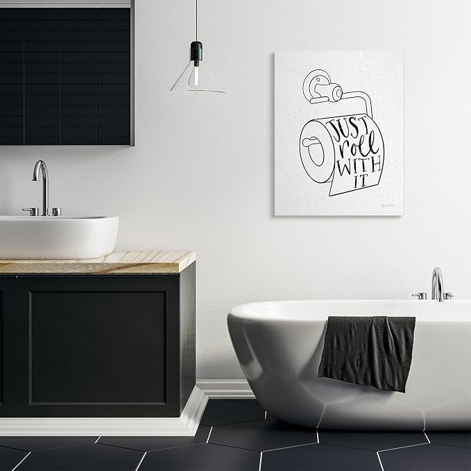 Bathroom Humor Comic Phrase, 30 x 40 Inch Canvas Wall Art | Stupell Industries · By Becky Thorns · Ready to hang · Fun gift for bath and laundry spaces · Made in USA