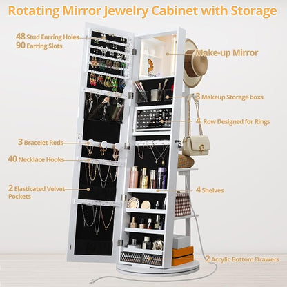 IRONCK 360° Swivel Jewelry Cabinet with Full-Length Mirror, Power Outlet | Lockable Standing Jewelry Organizer with Rear Storage Shelves, Interior Mirror, LED Lights, White