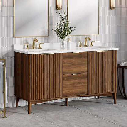 OVE Decors Indy 60 in. Undermount Double Sink Bathroom Vanity with White Engineered Marble Top, Warm Walnut