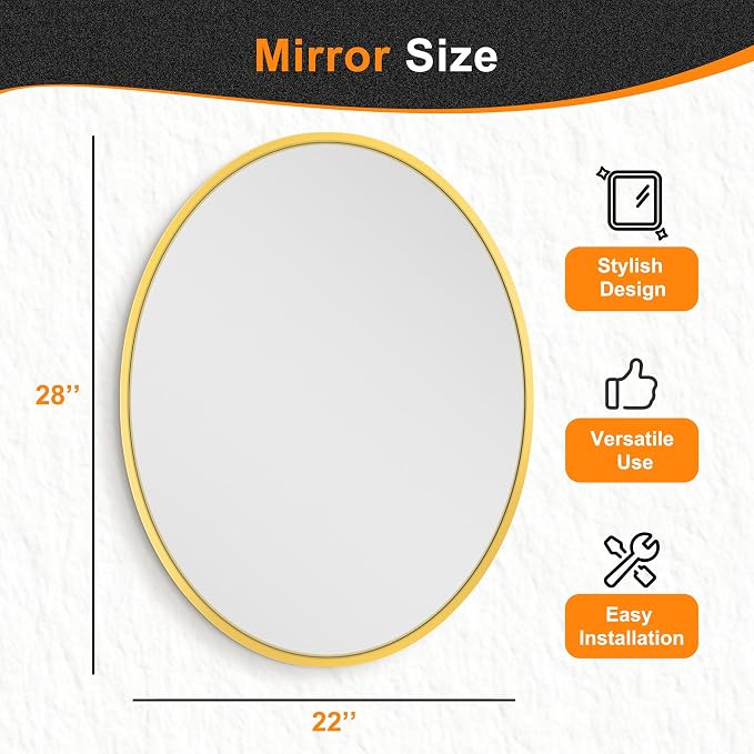 28x22 Gold Oval Bathroom Mirror for Over Sink, Aluminum Frame | HD Reflection No Distortion, Aluminum Frame, Mounting Hardware for Vertical or Horizontal Mount