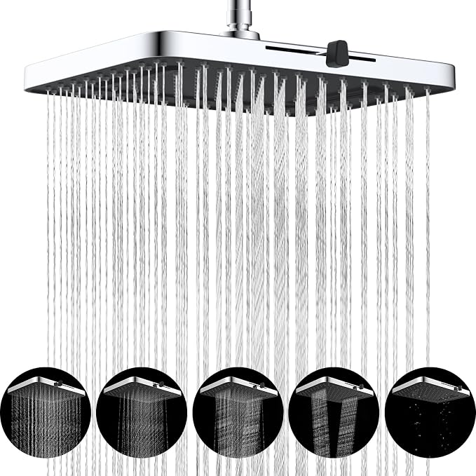 Hibbent cUPC Certified 5 Spray Modes Shower Head, 13'' High Pressure Large Rainfall Shower Head, High Flow Waterfall Bathroom Fixed Showerheads with Adjustable Swivel Ball Joint, Chrome