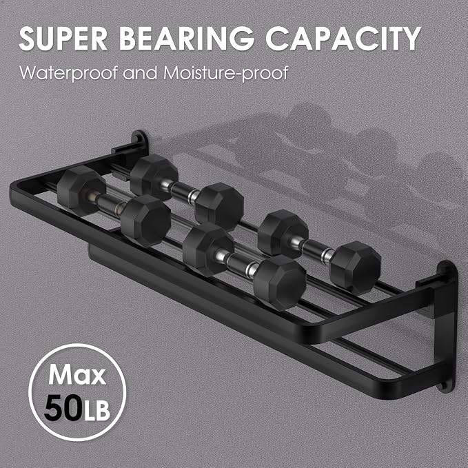 BOZWELL Bathroom Lavatory Towel Rack with Two Towel Bars,20-Inch Towel Holder with Shelf BZ105-A (Matte Black)