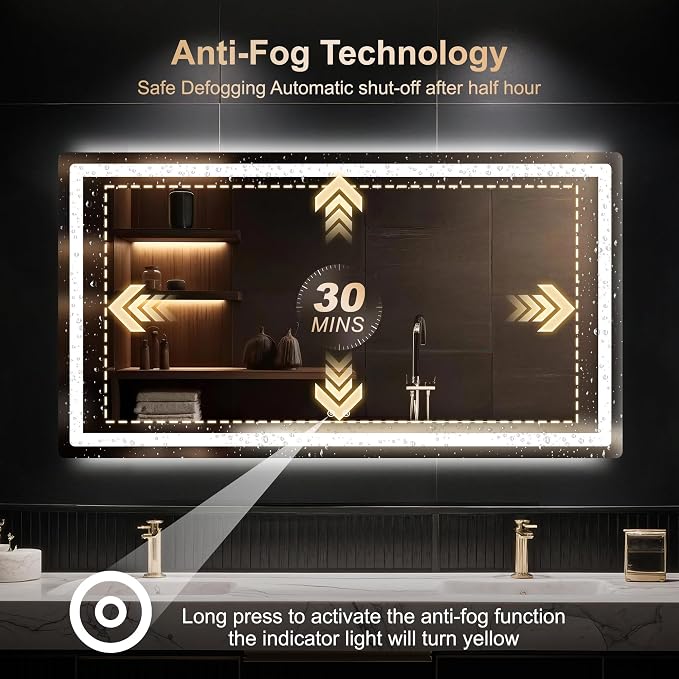 30x55 LED Bathroom Vanity Mirror with Lights, Anti-Fog, Dimmable | Front & Backlit with 3 Color Modes and Memory, 5mm Shatterproof Glass, Plug-in or Hardwired, Horizontal or Vertical