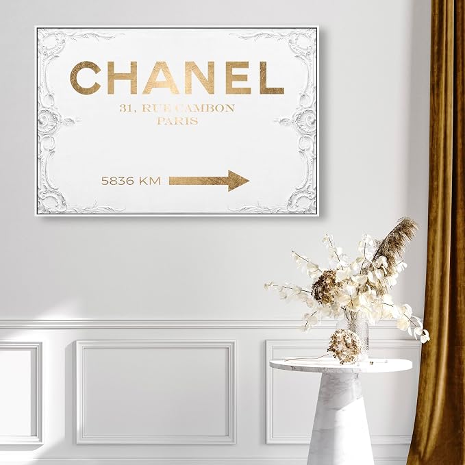 The Oliver Gal Artist Co. Typography and Quotes Contemporary Canvas Art - Couture Road Sign Rococo Gold, Wall Art for Living Room, Bedroom, and Bathroom, 45 in x 30, White and Gold Home Decor