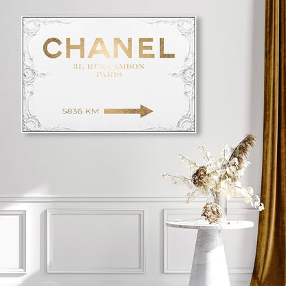 The Oliver Gal Artist Co. Typography and Quotes Contemporary Canvas Art - Couture Road Sign Rococo Gold, Wall Art for Living Room, Bedroom, and Bathroom, 45 in x 30, White and Gold Home Decor