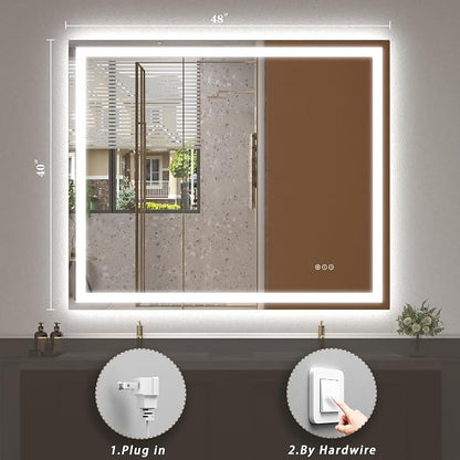 48x40 LED Lighted Bathroom Mirror for Vanity Wall | Front Light and Backlit, Anti-Fog, Memory, 3 Color, Tempered Glass, Dimmable, Rectangular, UL, Horizontal/ Vertical Mounted