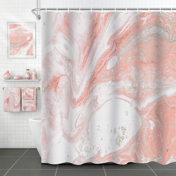 Pink Marble Shower Curtain Modern Abstract Pink and Silver White Art Shower Curtains for Bathroom Waterproof Polyester Fabric Bathroom Curtain 72 x 72 Inch with 12 Hooks