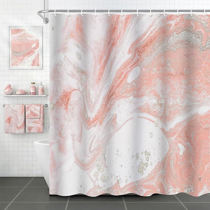 Pink Marble Shower Curtain Modern Abstract Pink and Silver White Art Shower Curtains for Bathroom Waterproof Polyester Fabric Bathroom Curtain 72 x 72 Inch with 12 Hooks