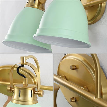 JONATHAN Y 16.25" Mint Green/Brass Gold 2-Light LED Vanity Light, Adjustable Wall Sconce for Bathroom Mirror, Farmhouse Bohemian Kitchen Light, Iron Black Bell Shade (JYL1115D)