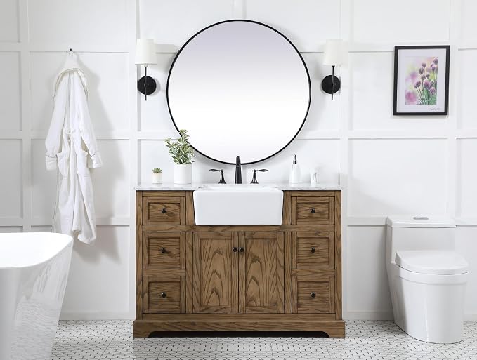 48" Pre-Assembled Bathroom Vanity with Sink, Solid Birch and MDF, Carrara White Marble Countertop Attached, Single Rectangle Porcelain Sink, 6 Soft-Close Drawers, Driftwood