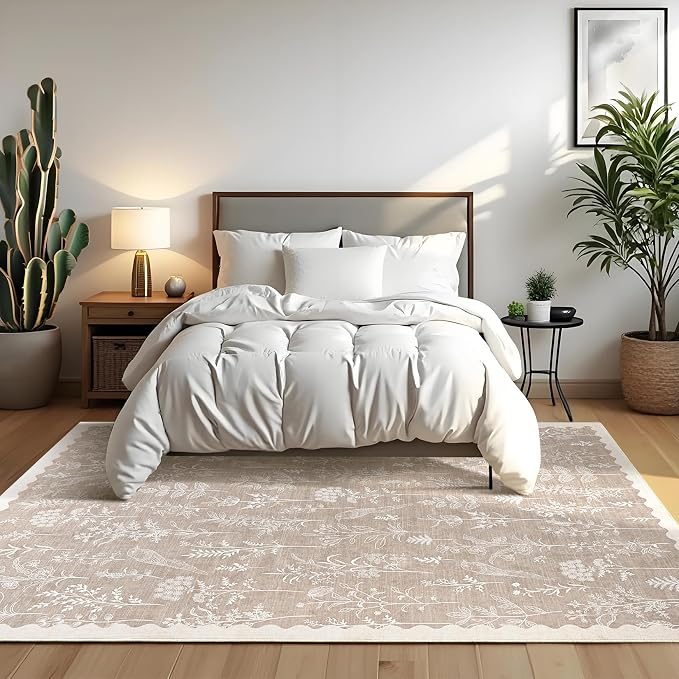 GarveeHome Washable 8x10 Area Rugs for Living Room Scalloped Floral Bedroom Rug, Non-Slip Stain Resistant Dining Table Carpet, Botanical Large Rug Neutral Carpet for Farmhouse Dorm Home Office, Taupe