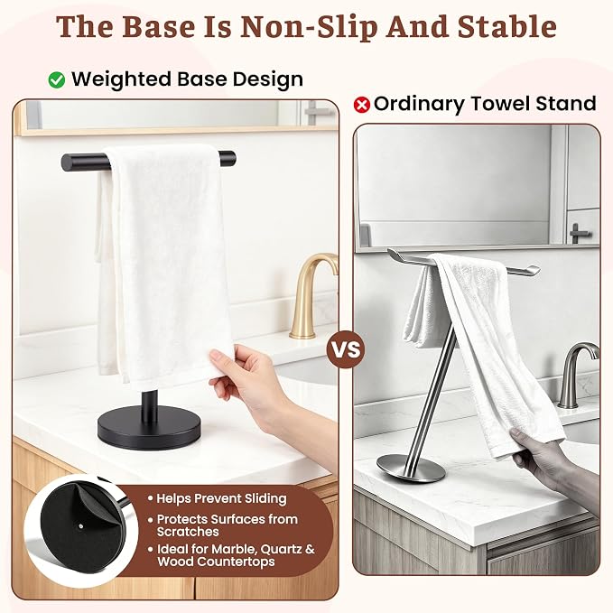 Hand Towel Holder Stand, Freestanding Bathroom Towel Rack, Black | Weighted Stainless Steel Base Helps Prevent Tipping While The Open T-Shape Keeps Towels Dry on Bathroom Countertops