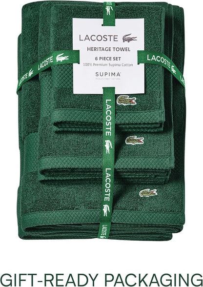 Lacoste Heritage Anti-Microbial Supima Cotton 6-Piece Towel Set, 2 Bath Towels, 2 Hand Towels, 2 Washcloths, Eden – Highly Absorbent & Quick Drying, Bathroom Essential, Machine Washable