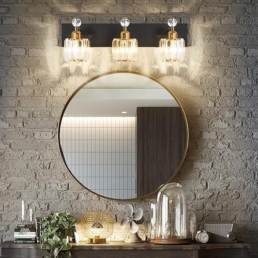 PRESDE Crystal 3 Light Bathroom Vanity Lights Black and Gold Bathroom Lights Fixtures Over Mirror Modern Bath Wall Lighting