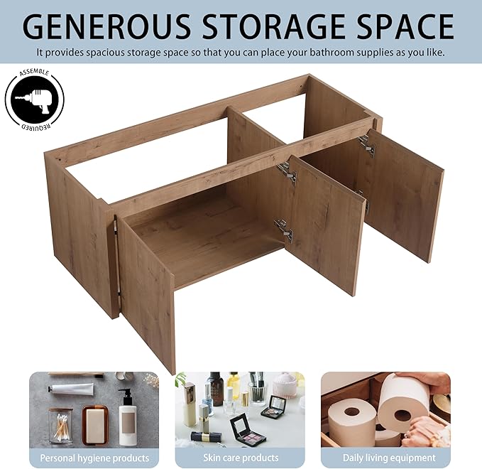 48" Floating Bathroom Vanity,48 Inch Bathroom Vanity Without Top Sink,Modern Floating Vanity Cabinet,Brown Wall Mounted Cabinet with Soft Closing Doors,Plywood(Sink Basin Not Included)