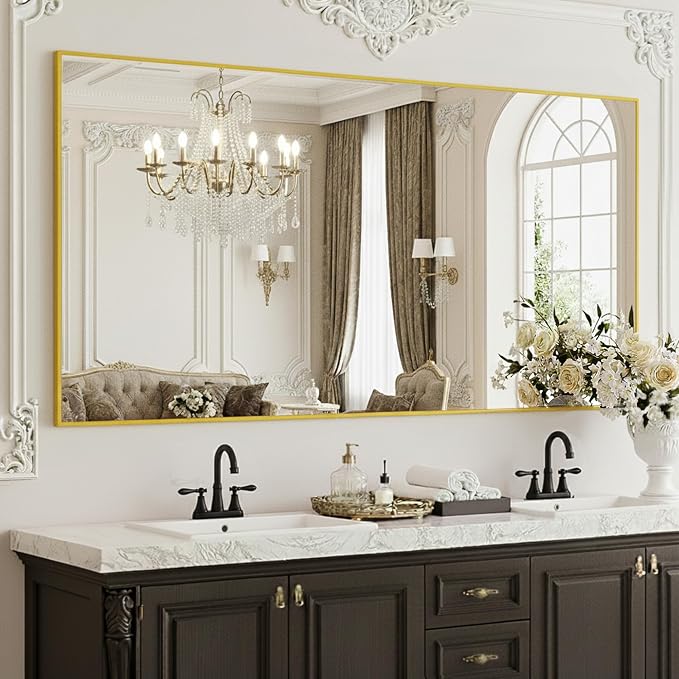 FICTOR Bathroom Vanity Mirror for Over Sink, 60" x 36", Gold | Anti-Rust Frame, Shatterproof Tempered Glass, Vertical/Horizontal Wall Mounted Mirror for Bedroom, Entryway, Living Room