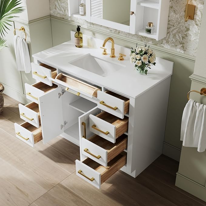 48-Inch Bathroom Vanity with Sink W/ 2 Doors & 8 Drawers & 1 Flip Drawer, White Vanity W/Brushed Gold Handles