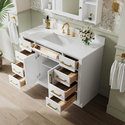 48-Inch Bathroom Vanity with Sink W/ 2 Doors & 8 Drawers & 1 Flip Drawer, White Vanity W/Brushed Gold Handles