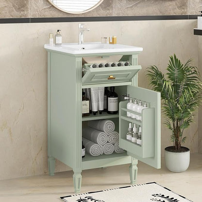 20 Inch Small Bathroom Vanity with Sink, Vanity Cabinet with Tip-Out Drawer and Door Rack Organizer, Adjustable Shelf, Green