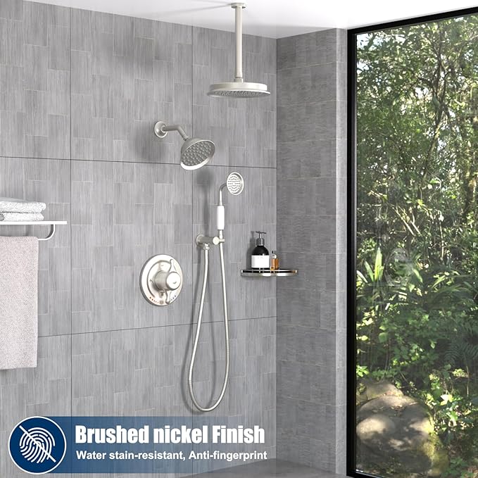 Antique Brass Shower System, 9" & 6" Dual Rain Heads and Handheld Spray Vintage Fixtures, 3-Function Dual Knob Valve with Separate Temperature Control, Brused Nickel