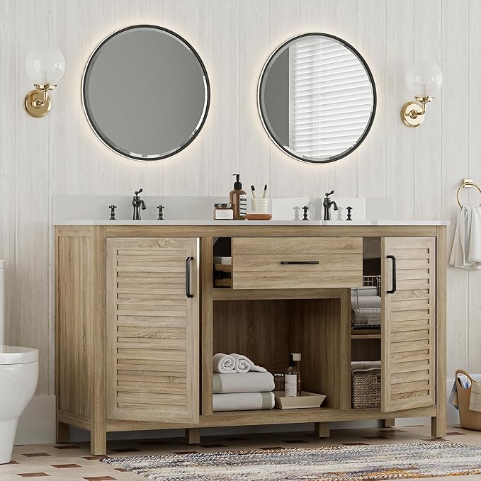 60" Brown Bathroom Vanity with Double Ceramic Sinks | Pre-Assembled Bathroom Vanity Cabinet with Quartz Countertop & cUPC Ceramic Basins, Modern Freestanding Bath Cabinet with Soft-Close Doors