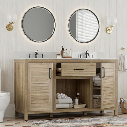 60" Brown Bathroom Vanity with Double Ceramic Sinks | Pre-Assembled Bathroom Vanity Cabinet with Quartz Countertop & cUPC Ceramic Basins, Modern Freestanding Bath Cabinet with Soft-Close Doors