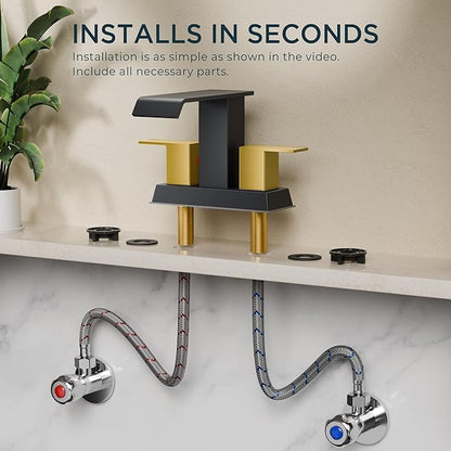 FORIOUS Square Waterfall Centerset Bathroom Faucet 3 or 2 Hole for 4 Inch Matte Black and Gold, 2 Handle Bathroom Sink Faucet with Metal Pop Up Drain and Hose for Vanity RV Restroom Remodel