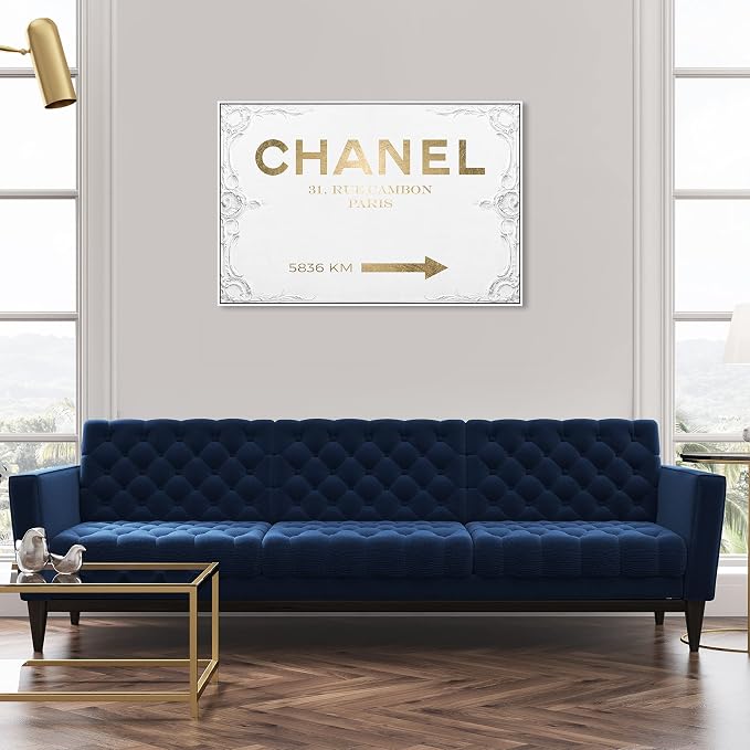The Oliver Gal Artist Co. Typography and Quotes Contemporary Canvas Art - Couture Road Sign Rococo Gold, Wall Art for Living Room, Bedroom, and Bathroom, 45 in x 30, White and Gold Home Decor