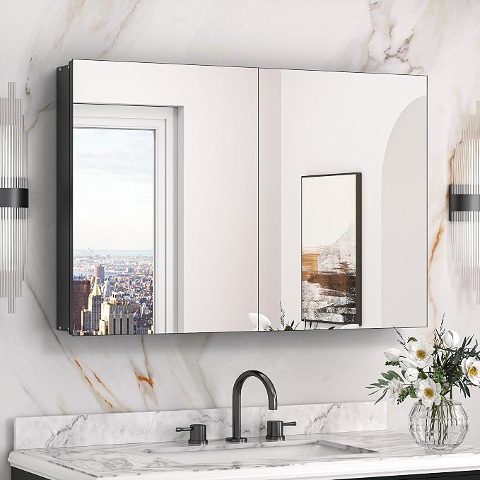Keonjinn 36x24 in Black Medicine Cabinet for Bathroom with Mirror, HD Glass | Lightweight Aluminum Structure, Assembly Required, in Wall or Wall Mount, Free Adjustable Shelves, Safe Tempered Glass