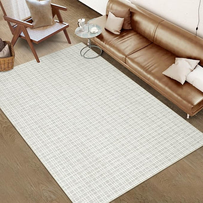 Washable Area Rugs 8x10 Rug for Living Room Modern Bedroom Rug Plaid Farmhouse Large Area Rug Non Slip Throw Rugs Soft Low Pile Stain Resistant Carpet for Dining Room 8'x10' Light Grey