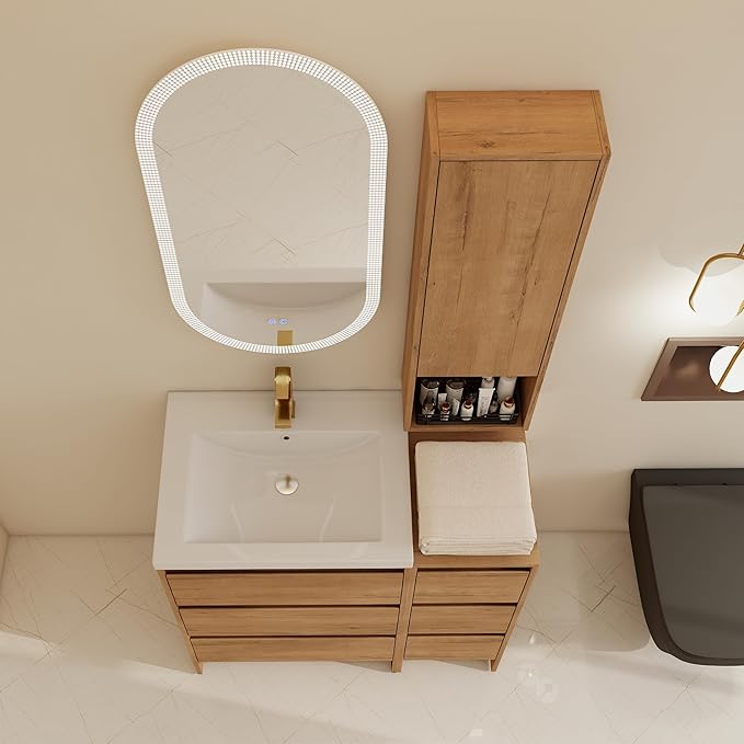 36" Bathroom Vanity Set, 36 Inch Modern Freestanding Vanity with Wall-Mounted Side Cabinet and 6 Drawers, Single Resin Sink Floor Stand Cabinet Set Imitative Oak（J24+E12B+B12A）