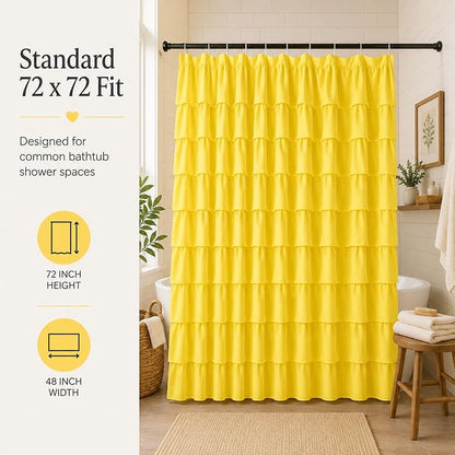 Yellow Shower Curtain for Bathroom, 72 X 72 Inch, Cascading Ruffle Design | Cottagecore & Farmhouse Crossover Style, 72x72, Hooks Included, Machine Washable, Ruffles Hold Their Shape, 12 Buttonholes