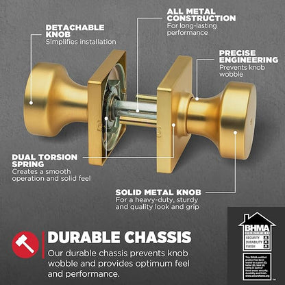 Kwikset Pismo Interior Privacy Door Knob with Lock, Door Handle for Bathroom and Bedroom, Satin Brass, Square, Keyless Turn Lock Doorknob, Microban Protection (Pack of 10)