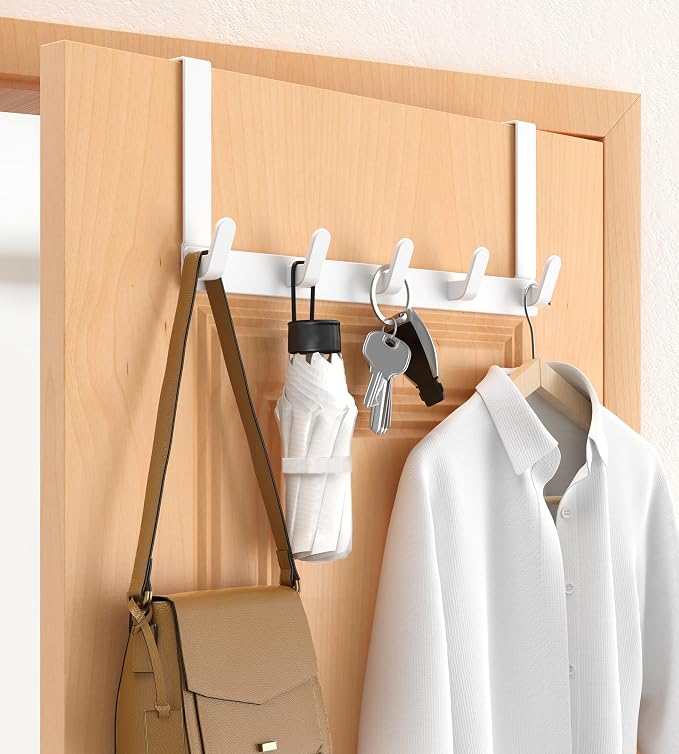 Over The Door Hooks Hanger, Heavy Duty Rack for Winter Coat, Fits 1 3/8" Doors, L7U - Bathroom Accessories and Towel Organizer Holder, Glossy White