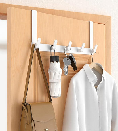 Over The Door Hooks Hanger, Heavy Duty Rack for Winter Coat, Fits 1 3/8" Doors, L7U - Bathroom Accessories and Towel Organizer Holder, Glossy White