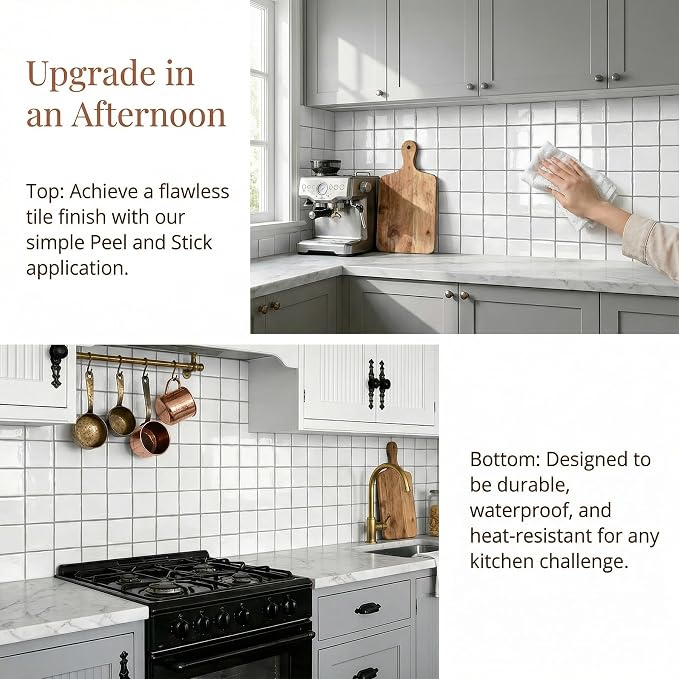 Pure White 24 Sheets 6x6 Inch Peel and Stick Subway Tile Backsplash, Self Adhesive Wall Tiles for Kitchen Bathroom, Thick Waterproof Heat Resistant, Easy Install No Grout, Renter Friendly