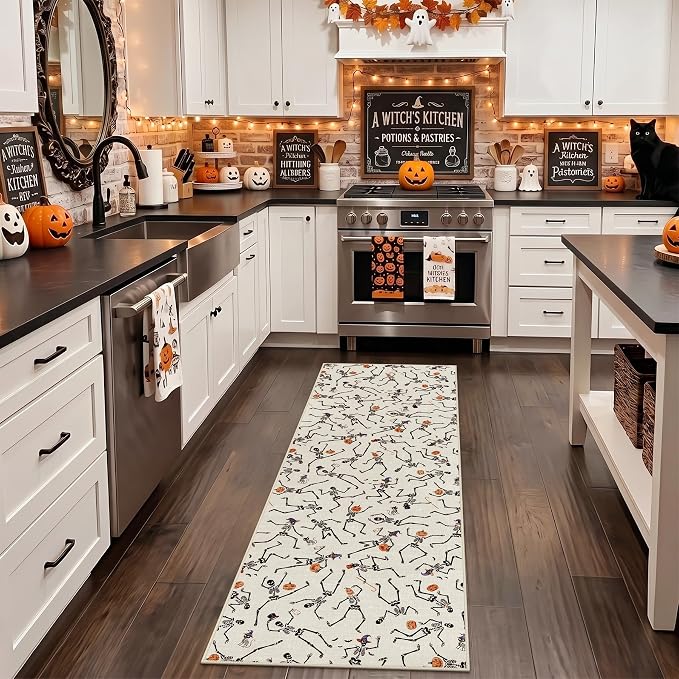 Tribesigns Halloween Runner Rug for Kitchen Non Slip 2x6 Washable Rugs with Rubber Backing, Ultra Thin Skeleton Carpet Runners for Hallways Beside Laundry Bathroom Decor, Beige/2x6