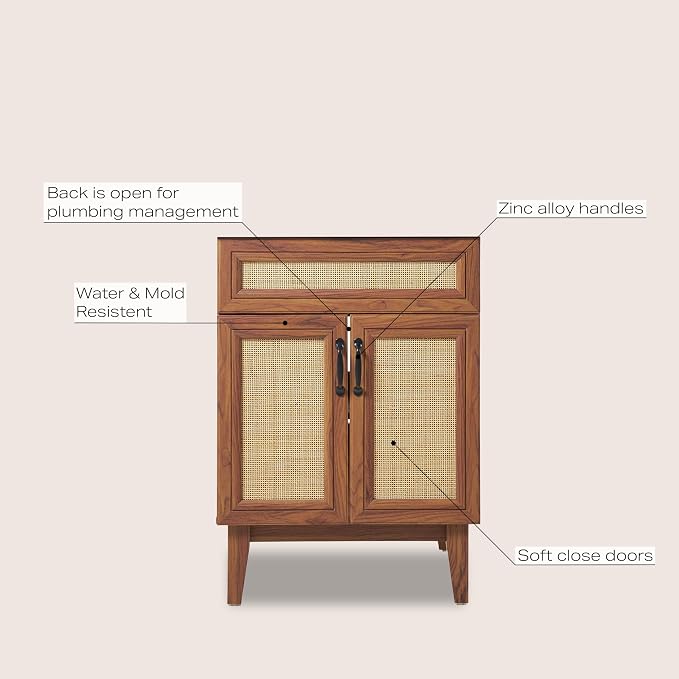JONATHAN Y Javer Bohemian Rattan Freestanding Bath Vanity, 24", Walnut | 18" Deep, 33" High, 2 Soft-Close Doors, Caned Paneling, 2-Shelf Storage, Basin Not Included, Modern Farmhouse Style