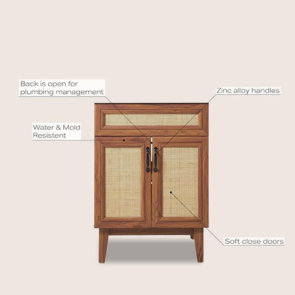JONATHAN Y Javer Bohemian Rattan Freestanding Bath Vanity, 24", Walnut | 18" Deep, 33" High, 2 Soft-Close Doors, Caned Paneling, 2-Shelf Storage, Basin Not Included, Modern Farmhouse Style