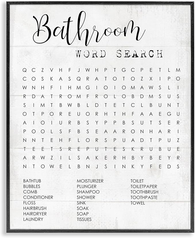 Stupell Industries Bathroom Word Search Fun Family Word Design Framed Giclee Art Design By Artist Daphne Polselli, 24 x 30, Black Framed
