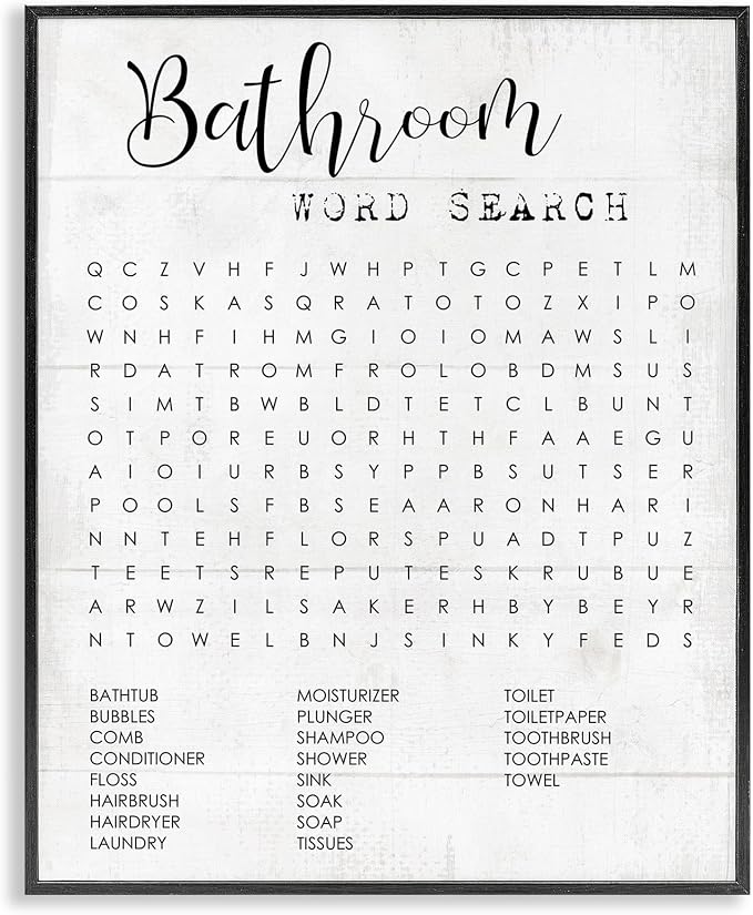 Stupell Industries Bathroom Word Search Fun Family Word Design Framed Giclee Art Design By Artist Daphne Polselli, 24 x 30, Black Framed | Stupell Industries · By Lil' Rue · Ready to hang · Fun gift for bathroom decor · Made in USA