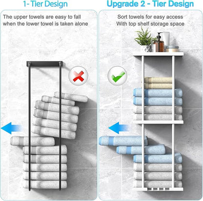 Liuoud Towel Rack for Bathroom, Wall Mounted Vertical Rolled Towel Storage Organizer Holder with Shelf, Holds Up 6 Large Bath Sheets, White Large Size