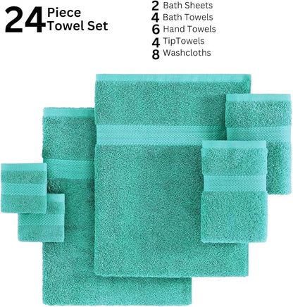 LANE LINEN 24 PCs 100% Cotton Bath Towels Set - Quick Dry, Ultra Soft & Ultra Absorbent - 4 Bath, 4 Fingertip, 6 Hand Towels, 8 Washcloths, 2 Bath Sheets - Home & Guest Bathroom Towels - Teal | Dorm Towel Set - Terry Weave Comfort, Soft & Long-Lasting,...