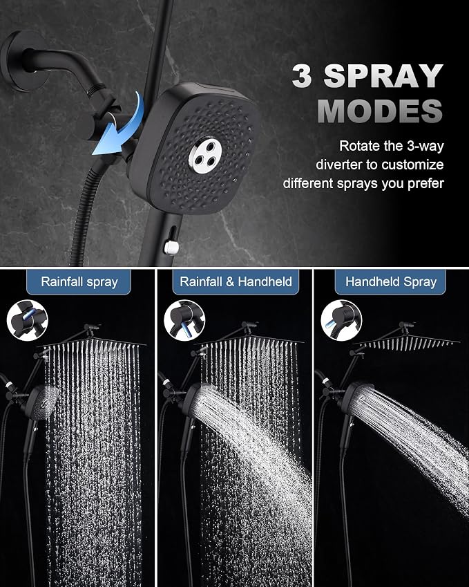 10" Rainfall Shower Head with Handheld Combo, High Pressure Dual Showerhead with Square Rain& Magnetic Hand Sprayer, 15" Adjustable Metal Extension Arm (Matte Black)