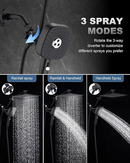10" Rainfall Shower Head with Handheld Combo, High Pressure Dual Showerhead with Square Rain& Magnetic Hand Sprayer, 15" Adjustable Metal Extension Arm (Matte Black)