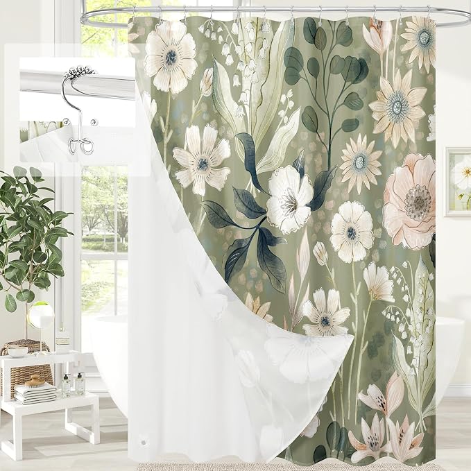 3 in 1 Green Floral Shower Curtain Set with PEVA Liner & 12 Hooks, 72 x 78 | Boho Tropical Botanical Style, Farmhouse Floral Fabric, Modern Hotel Inspired, Water‑Repellent, Machine Washable