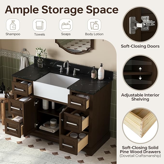 48 Inch Bathroom Vanity with Sink, Fully-Assembled Vanity with Quartz Countertop, Solid Wood Sink Cabinet with Soft Closing Doors & Dovetail Drawers, Single Sink Classic Bathroom Vanity, Dark Brown