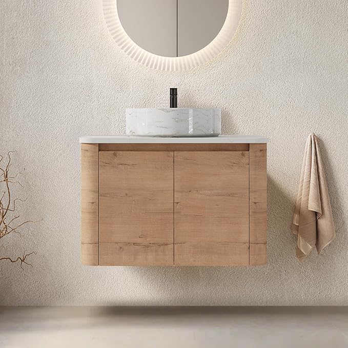 LKTART 30 Inch Floating Bathroom Vanity with Sink, Modern Wall Mounted Bathroom with Soft Close Door, White Stone Round Ceramic Basin and Sintered Stone Top